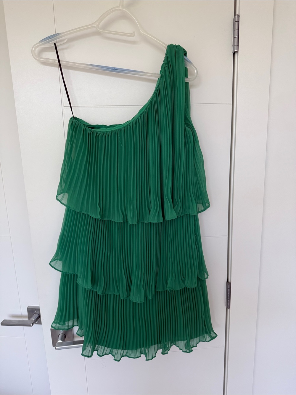 Zara Green One-Shoulder Tiered Pleated Mini Dress